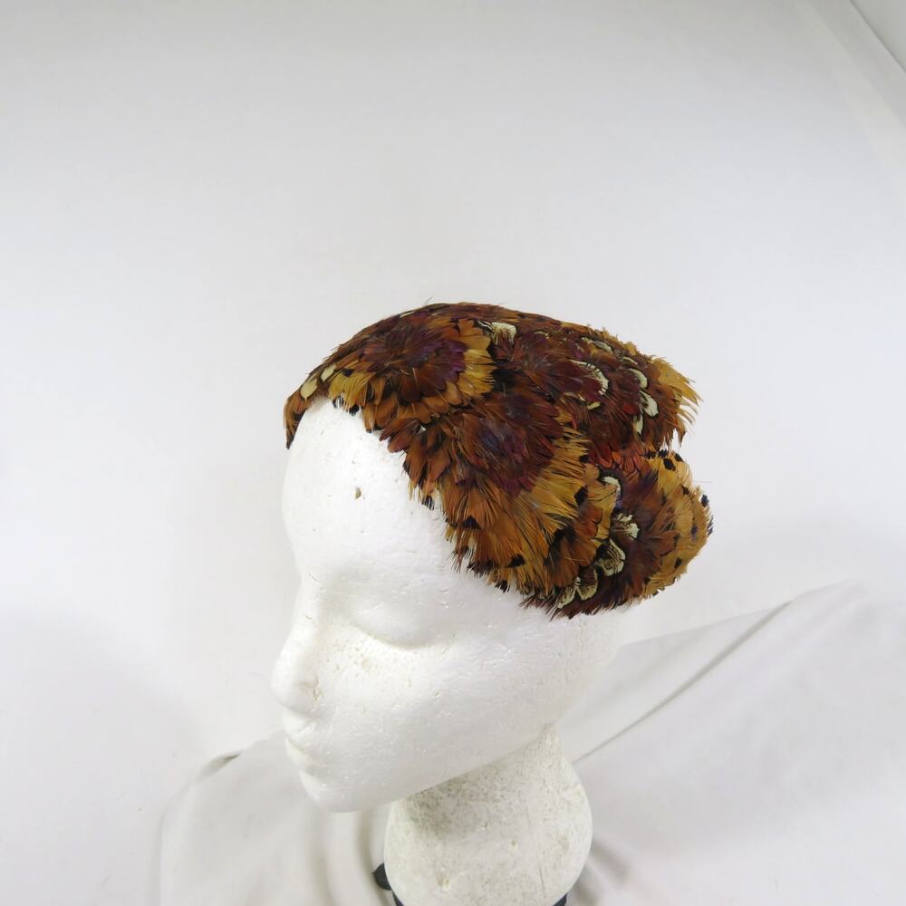 Genuine Pheasant Feather Hat Stretch Band Brown One Size 12x6 1960s